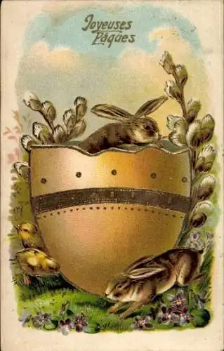 Glitzer Präge Ak Glückwunsch Ostern, Osterhasen, Küken, Osterei