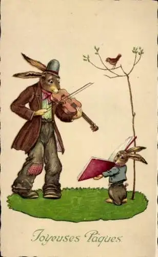 Ak Frohe Ostern, Osterhase musiziert, Geige