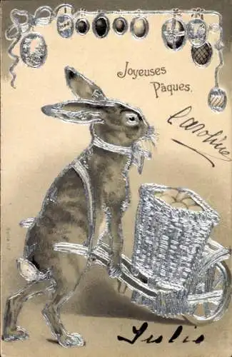 Präge Litho Glückwunsch Ostern, Osterhase, Schubkarre, Ostereier