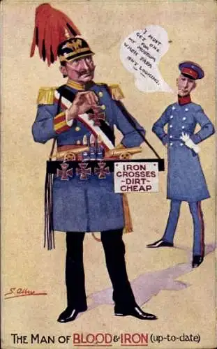 Künstler Ak Kaiser Wilhelm II. verkauft Eisernes Kreuz, Humor, Propaganda