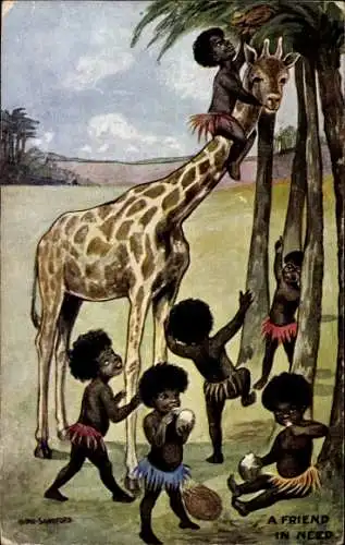 Künstler Ak Junge Afrikaner, Giraffe, Palmen