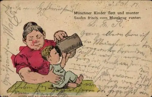 Vorläufer Litho Frau mit Kind, Krug, Münchner Kinder flott und munter...