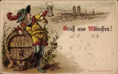 Vorläufer Litho München, Mann mit Bierglas, Fass, Bier