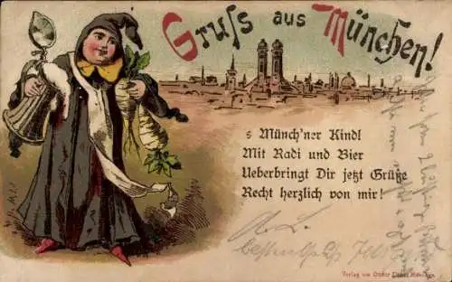 Vorläufer Litho München, Münchner Kindl, Bierkrug, Radi, Bier