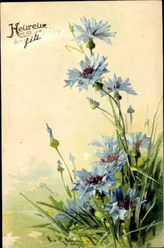 Künstler Ak Klein, C., Glückwunsch, Blaue Blumen