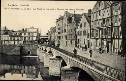 Ak Meaux Seine-et-Marne,  Brücke, Personen, Fachwerkhäuser