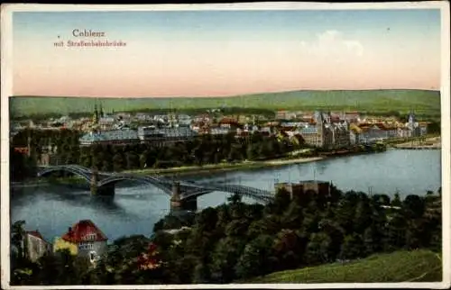 Ak Koblenz am Rhein, Gesamtansicht, Straßenbahnbrücke