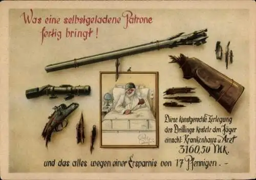 Künstler Ak Geilfus, Was eine selbstgeladene Patrone fertig bringt, Lustige Jägerfibel in Bildern