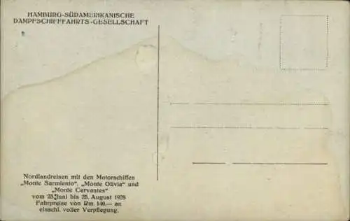 Ak Norwegen, Nordlandreise vom 02.07. bis 26.08.1927, Motorschiffe Monte Sarmiento und Monte Olivia