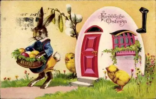 Ak Glückwunsch Ostern, Vermenschlichter Osterhase, Küken, Weidenkätzchen