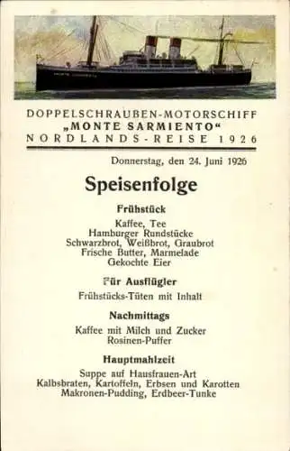 Ak Dampfer Monte Sarmiento, Nordland Reise 1926, Speisenfolge, HSDG