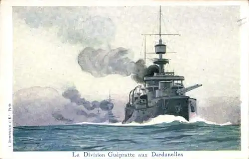 Künstler Ak Französische Kriegsschiffe, La Division Guepratte aux Dardanelles