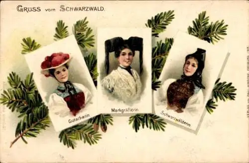 Litho Schwarzwald, Frauen in Tracht, Gutacherin, Markgräflerin, Schwarzwälderin