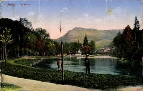 Ak Jena in Thüringen, Blick auf den Paradies genannten Park in Jena mit Teich, Bäumen und Spaz...