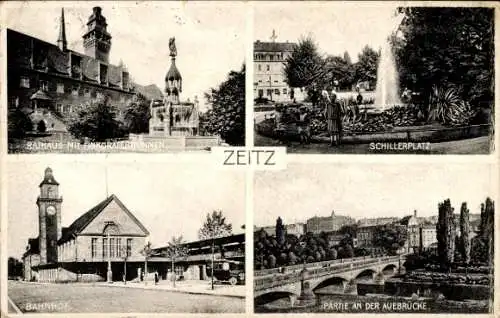 Ak Zeitz im Burgenlandkreis, Badehaus mit Finkgrafenbrunnen, Schillerplatz, Bahnhof, Partie an...