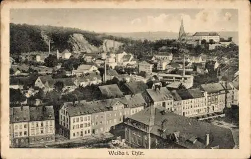 Ak Weida in Thüringen, Stadtansicht von Weida mit vielen Gebäuden, Kirchturm und Bäumen