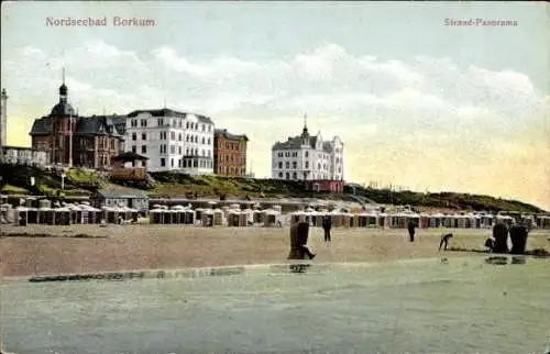 Ak Nordseebad Borkum in Ostfriesland, Nordseebad  Strand-Panorama, Personen am Strand, mehrere...