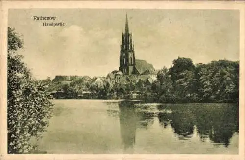 Ak Rathenow im Havelland,  Havelpartie, Kirchturm, Fluss, Uferpromenade, Bäume