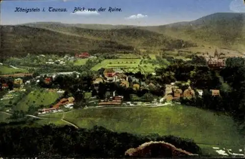 Ak Königstein im Taunus, Blick von der Ruine, Häuser, Felder und Berge sind zu sehen