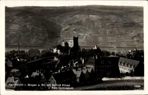 Ak Bingen am Rhein, Teilansicht von Bingen am Rhein mit Schloss Klopp und Real-Gymnasium