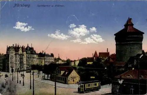 Ak Nürnberg in Mittelfranken, Spittlertor und Plärrer, Straßenbahn, Häuser, Turm