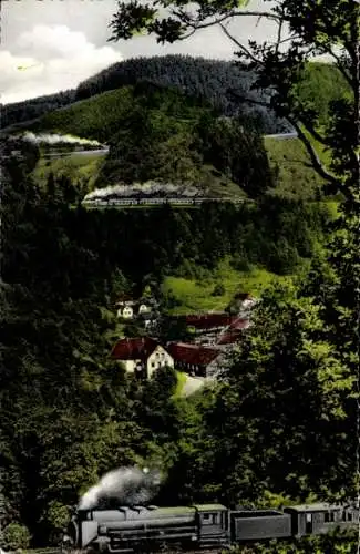 Ak Triberg im Schwarzwald, Dreibahnlinie beim Bachjörg, Schwarzwaldbahn