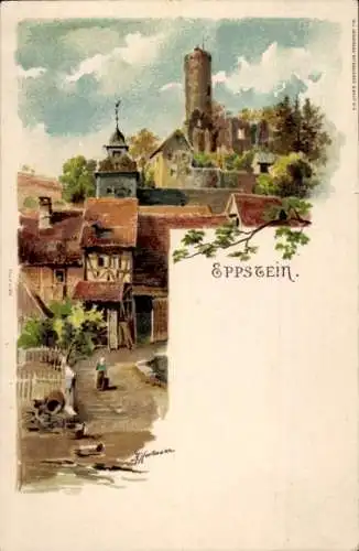 Künstler Litho Hartmann, A., Eppstein in Hessen, Wohnhäuser, Turm, Ruine