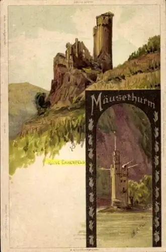 Künstler Litho Biese, C., Bingerbrück Bingen am Rhein, Ruine Ehrenfels, Mäuseturm 