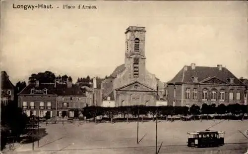 Ak Longwy Haut Meurthe et Moselle, Place d'Armes, Straßenbahn