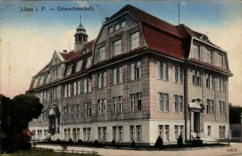 Ak Lissa Leszno Poznań Posen, Gebäude der Gewerbeschule, stattliche Architektur, farbige Postk...