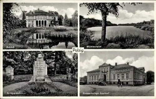 Ak Palzig Polen, Schloss, Kriegerdenkmal, Gasthof, Mühlenteich