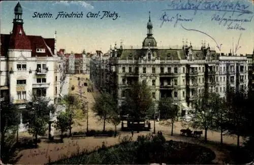 Ak Szczecin Stettin Pommern, Friedrich Carl-Platz, Gebäude im Vordergrund, Straßenansicht