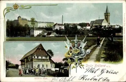 Ak Dvůr Králové nad Labem Königinhof Region Königgrätz, Vorderansicht eines Hauses, Menschen, ...