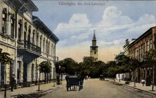 Ak Giurgiu Romänien, Stadtstraße, Uhrturm, historische Architektur, Pferdekarrer