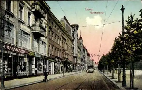 Ak Poznań Posen, Wilhelmplatz, Straßenbahn, Königliches Schloss, G. S. Kalamajski