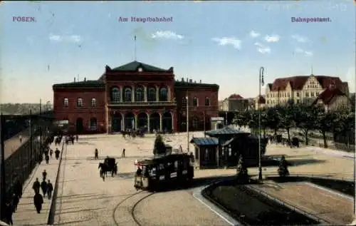 Ak Poznań Posen, Hauptbahnhof, Bahnpostamt, Straßenbahn