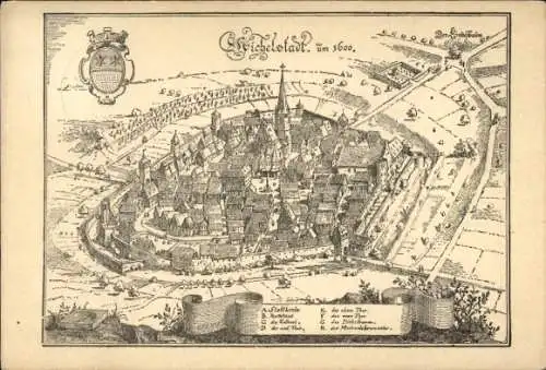 Ak Michelstadt im Odenwald, Historische Ansicht einer Stadt, Zeichnung, Wappen oben, Jahr 1600