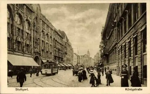 Ak Stuttgart, Schloss Solitude,  Königstraße, historische Architektur, Straßenbahn, Passanten