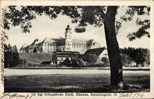 Ak München Bayern, Kgl. Orthopädische Klinik, Hochhaus im Hintergrund, Bäume im Vordergrund