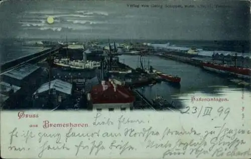 Ak Bremerhaven, Hafenanlagen, Blick auf Schiffe, Postkarte, Verlag von Georg Schipper