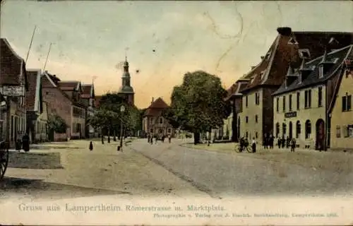 Ak Lampertheim am Rhein Hessen, Blick auf Römerstraße, Marktplatz, historische Architektur, Turm