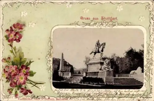 Passepartout Ak Stuttgart, Schloss Solitude, Denkmal Kaiser Wilhelm I, Blumenrahmen