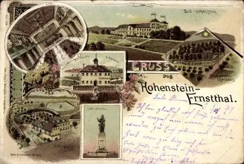 Litho Hohenstein Ernstthal Landkreis Zwickau, Etablissement Logenhaus, Marktplatz, Rathaus