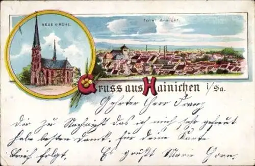 Litho Hainichen in Sachsen, Gesamtansicht, Neue Kirche