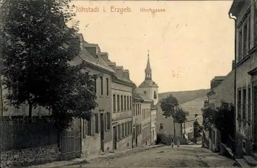 Ak Schlössel Jöhstadt im Erzgebirge Sachsen, Jöhstadt i. Erzgeb. Kirchgasse, Häuser und Kirche...