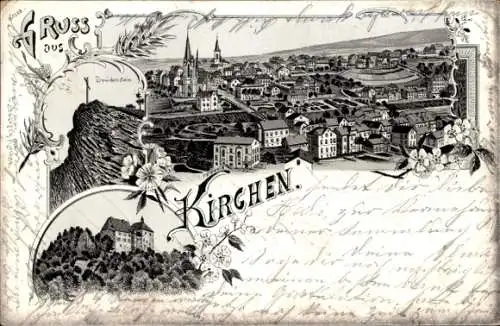 Litho Kirchen an der Sieg, Panorama, Burg Freusburg, Druidenstein