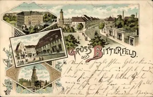 Litho Bitterfeld in Sachsen Anhalt, Kaiserstraße, Realschule, Kriegerdenkmal, Marktplatz