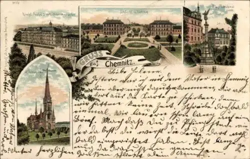 Litho Chemnitz Sachsen, St. Petrikirche, Schlacht- und Viehhof, Siegesdenkmal, Lehranstalt