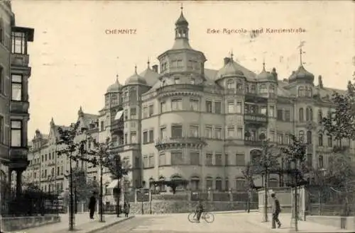 Ak Chemnitz in Sachsen, Historisches Gebäude, Stadtstraße, Pflanzen, Radfahrer