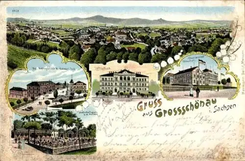 Litho Großschönau in der Oberlausitz Sachsen, Panorama, Hotel zur Post, Schulen, Amtsgericht